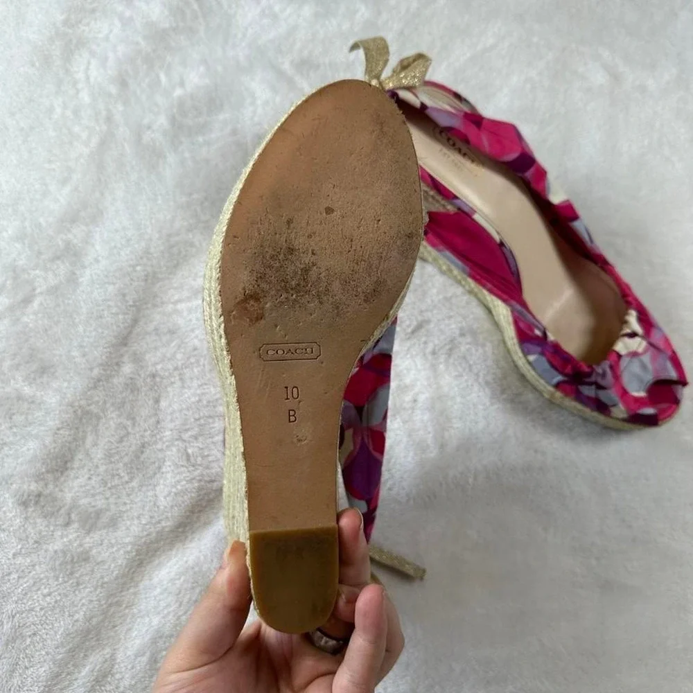 Coach Maritza pink canvas espadrille platform wedge sandals peep toe y2k